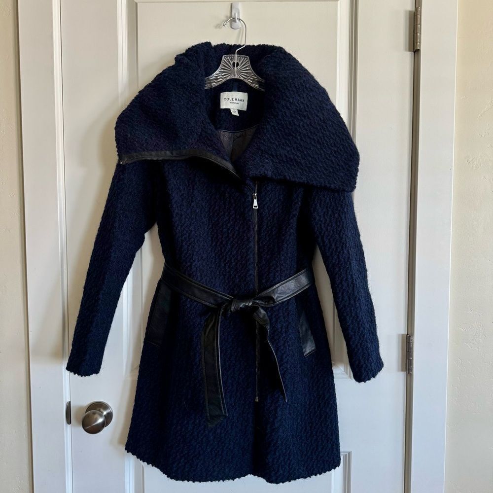 Cole Haan Blue Teddy Jacket with Oversized Collar and Belt